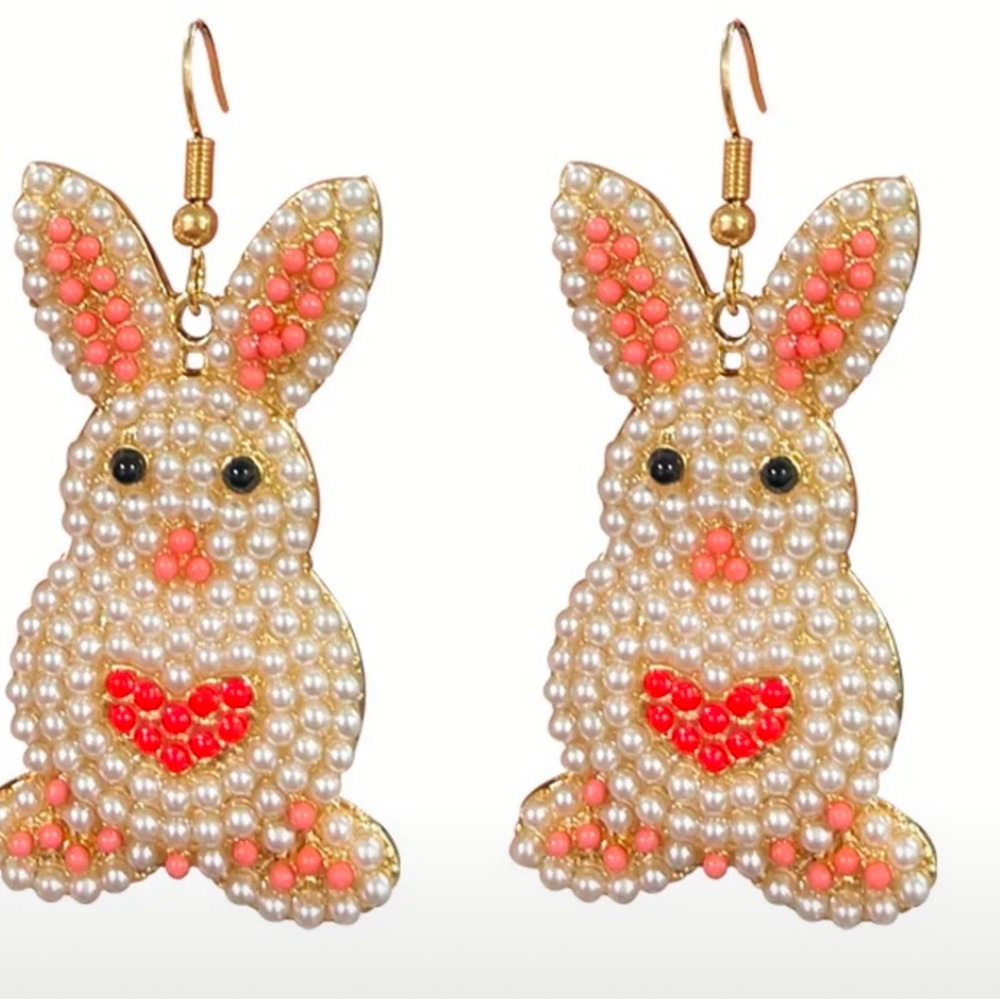Easter Rabbit/Bunny Seed Bead Dangle Earrings With Red Heart